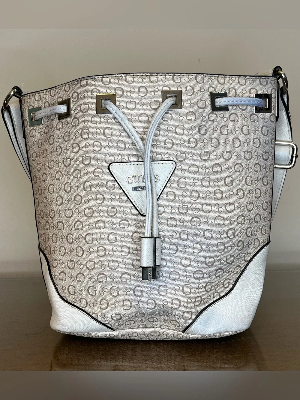 Guess Small Crossbody Bucket Bag, Monogram, Signature, Ivory, Coated, Adjustable